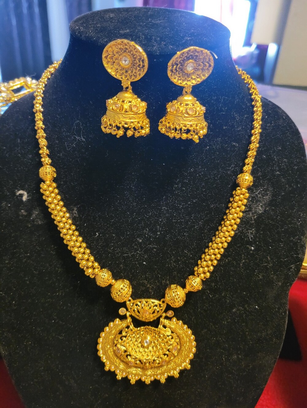 Gold-Tone Traditional Pendant Necklace & Jhumka Earrings Set